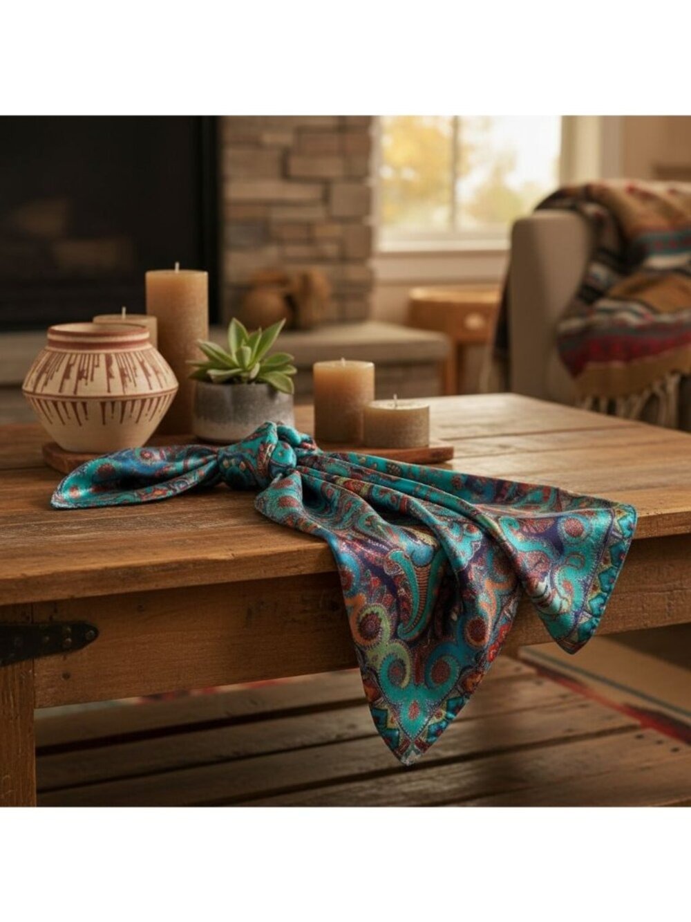 Satin Wild Rag 35 Inch Square Western Scarf Paisley Southwestern Style Turquoise - Picture 4 of 8